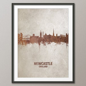 Newcastle Skyline England, Rust on Concrete Cityscape Art Print Poster (4607)