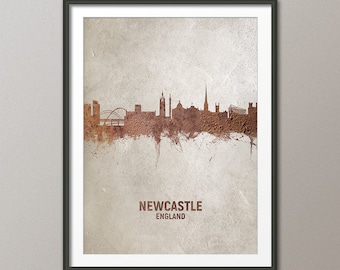 Newcastle Skyline England, Rust on Concrete Cityscape Art Print Poster (4607)