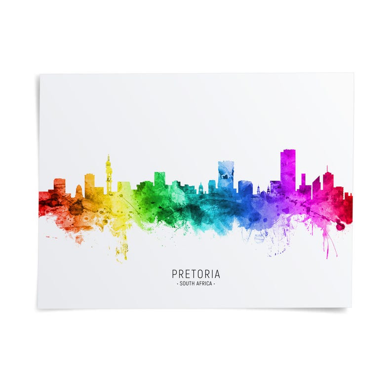 The image is a colorful watercolor illustration of the Pretoria skyline, depicting the city's iconic buildings and landmarks in a vibrant rainbow gradient.