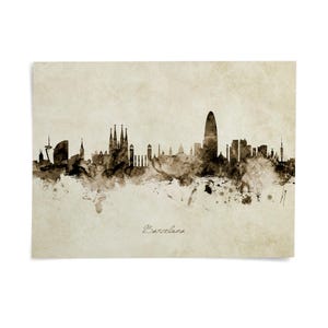 The image is a watercolor painting depicting the skyline of Barcelona, Spain.