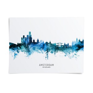 The image is a watercolor painting depicting the skyline of Amsterdam, Netherlands.
