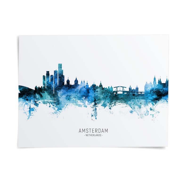 The image is a watercolor painting depicting the skyline of Amsterdam, Netherlands.