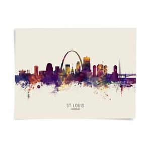 The image is a colorful, abstract representation of the skyline of St. Louis, Missouri.