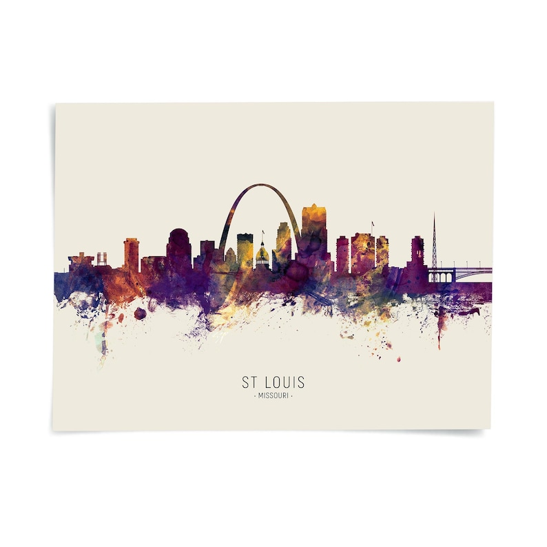 The image is a colorful, abstract representation of the skyline of St. Louis, Missouri.