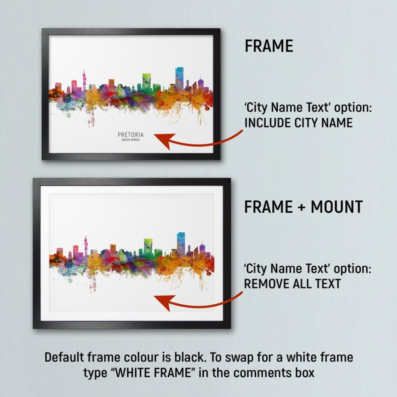 two framed cityscape artworks, each with different frame options and color schemes. The first frame has a black frame, while the second frame has a white frame. The text in the image provides information about the frame options and suggests that the frame color can be changed to a white frame.