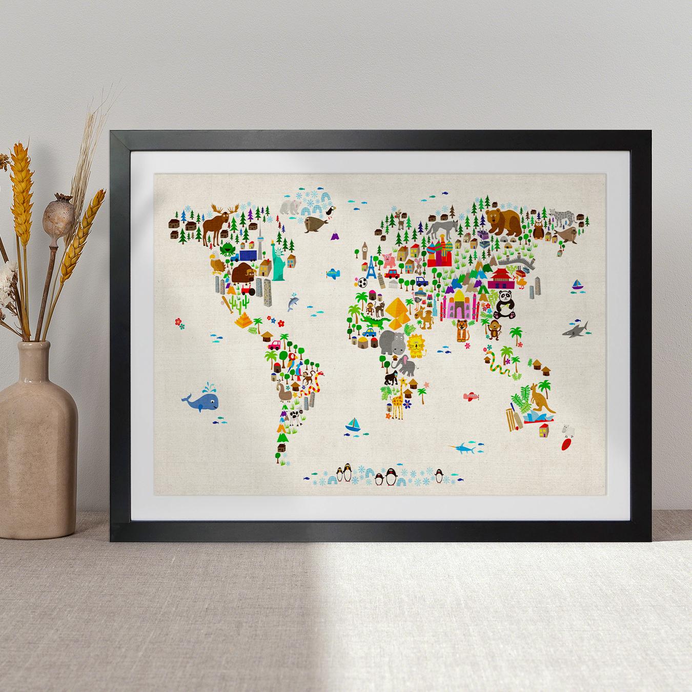 Animal Map of the World for Children and Kids, World Map, Art Print ...