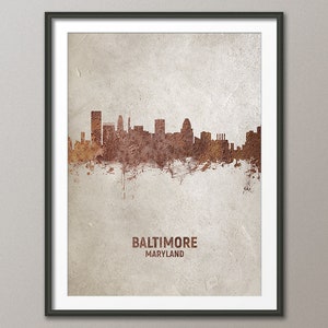 Baltimore Skyline Maryland, Rust on Concrete Cityscape Art Print Poster (4608)