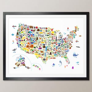 Tierkarte der USA, Landkarte für Kinder, Art Print Poster (4266)