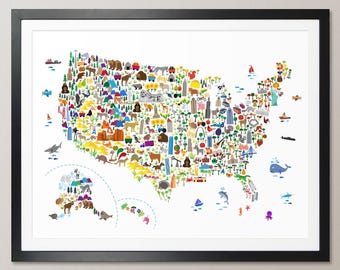 Animal Map of the United States for children and kids, USA Map, Art Print Poster (4266)