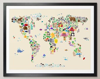 Tier Weltkarte für Kinder und Kids, Weltkarte, Kunstdruck Poster (612)