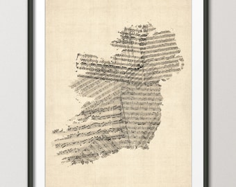 Old Sheet Music Map of Ireland Map (Eire), Art Print (925)