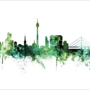 Düsseldorf Skyline Deutschland, Cityscape Art Poster Print Blue Red Green 20692 GREEN no name