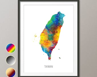 Taiwan Map, Watercolour Art Print Poster, Colour, Black White, Beige (10951)