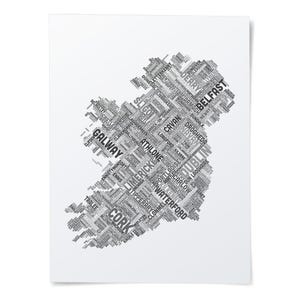 The image is a word cloud depicting various cities and towns, including Cork, Galway, Limerick, Dublin, and Belfast.