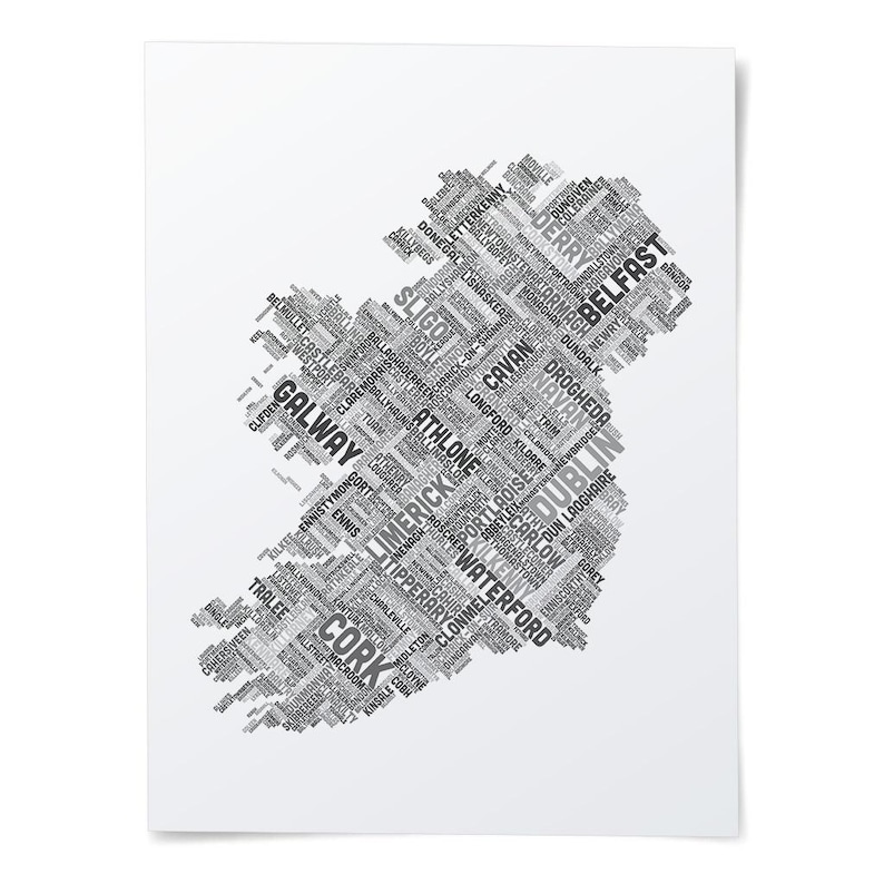 The image is a word cloud depicting various cities and towns, including Cork, Galway, Limerick, Dublin, and Belfast.