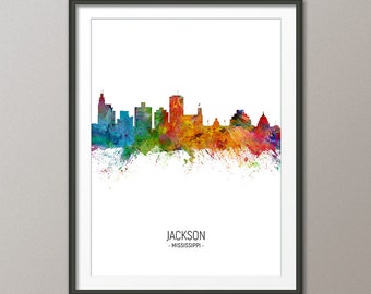 Jackson Skyline, Jackson Mississippi Cityscape Art Print Poster Portrait (5125)