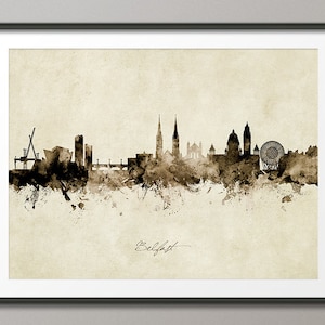 Belfast Skyline Northern Ireland, Cityscape Art Print Poster Vintage Sepia (8948)