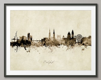Belfast Skyline Northern Ireland, Cityscape Art Print Poster Vintage Sepia (8948)