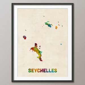 Carte aquarelle des Seychelles, impression d'art (4387)