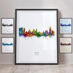 May include: A colorful watercolor cityscape of Sofia, Bulgaria. The skyline is depicted in shades of blue, green, yellow, orange, and red. The city name and country are written in black text below the skyline.