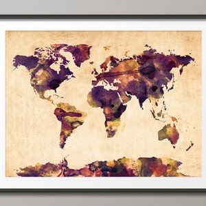 Watercolor Map of the World Map, Art Print 104 image 1