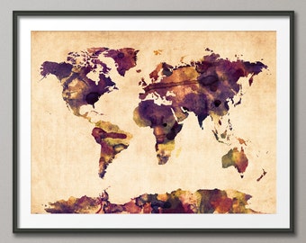 Carte aquarelle de la carte du monde, Impression d’art (104)