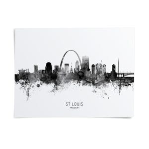 The image is a black and white watercolor-style illustration of the skyline of St. Louis, Missouri.