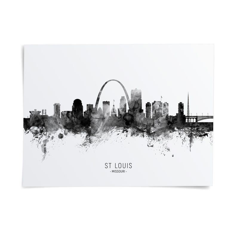 The image is a black and white watercolor-style illustration of the skyline of St. Louis, Missouri.