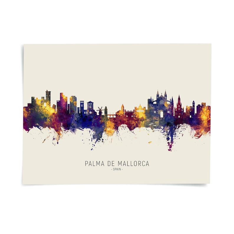 the skyline of Palma de Mallorca, Spain, with a colorful and artistic representation of the city's architectural landmarks and structures.