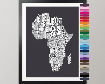 Africa Typography Map, African Country Names Text Map with Colour Options, Art Print Poster - (774)