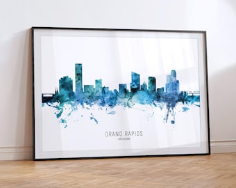 Großartiger Stromschnellen-Michigan Stadtansicht, Skyline Plakat-Druck RX (20599)