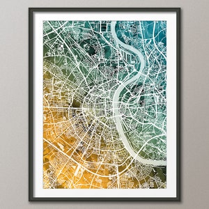 Kaart Keulen, stadskaart Keulen Duitsland, aquarel kunstafdruk groenblauw oranje (4514)
