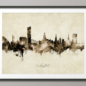 Sheffield Skyline England, Cityscape Art Print Poster Vintage Sepia (16043)