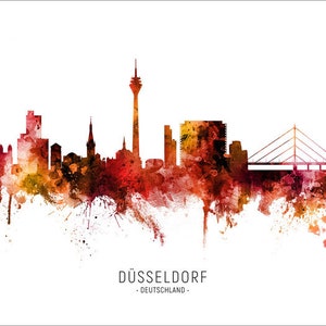Düsseldorf Skyline Deutschland, Cityscape Art Poster Print Blue Red Green 20692 RED with city name