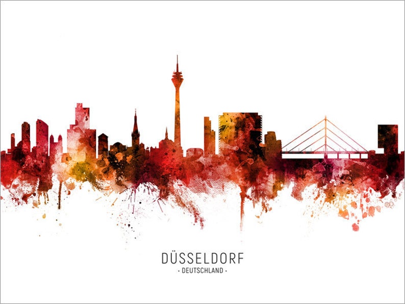 Düsseldorf Skyline Deutschland, Cityscape Art Poster Print Blue Red Green 20692 RED with city name