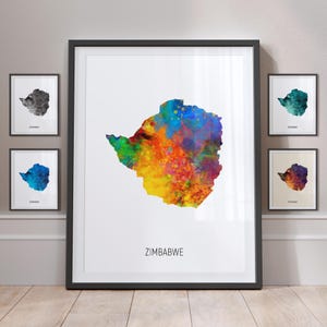 Póster con impresión artística de acuarela con mapa de Zimbabue (MX) (10975)