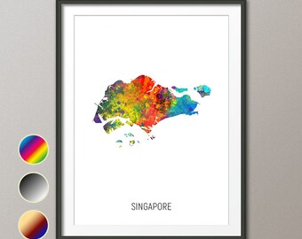 Carte de Singapour, Aquarelle Art Print Poster, Couleur, Noir Blanc, Beige 10934