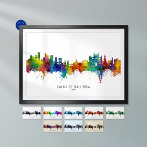 a framed watercolor-style illustration of the cityscape of Palma de Mallorca, Spain, with a variety of color variations representing different parts of the city.
