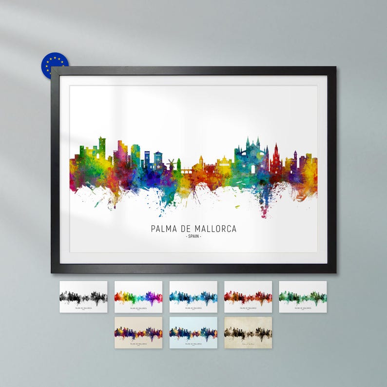 a framed watercolor-style illustration of the cityscape of Palma de Mallorca, Spain, with a variety of color variations representing different parts of the city.