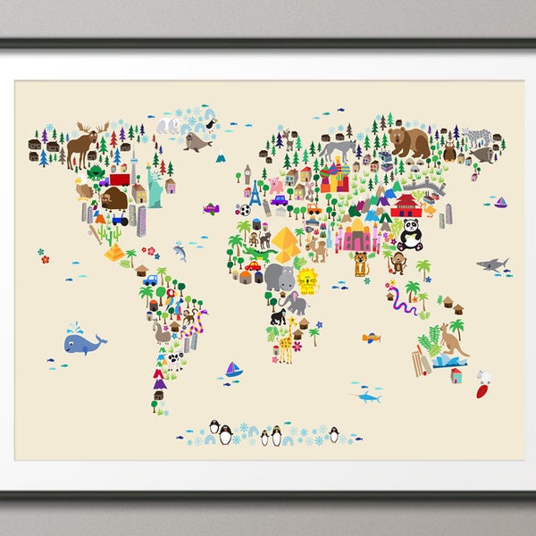 Animal Map of the World Map for children and kids, Art Print (612)