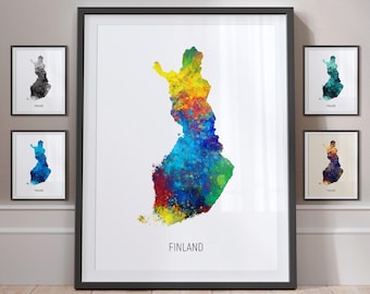 Finland Map, Watercolour Painting Art Print Poster, Portrait - MX