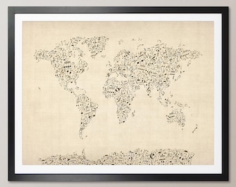 Music Notes Map of the World Map, Art Print WM (82)