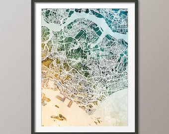 Singapore Map, Singapore City Map, Watercolour Art Print Poster (19447)