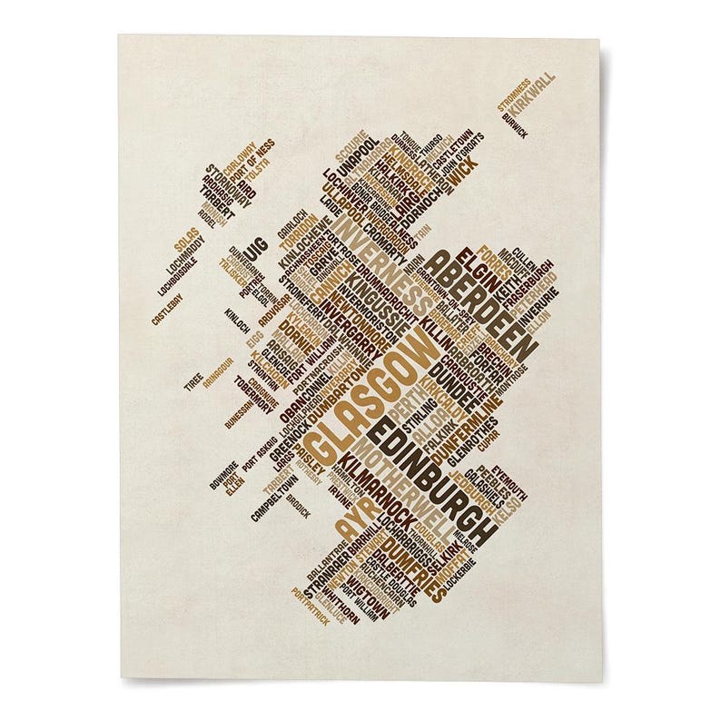 The image is a collage of various words and phrases related to different cities, including Edinburgh, Glasgow, and Dundee, arranged in a visually interesting and creative manner.