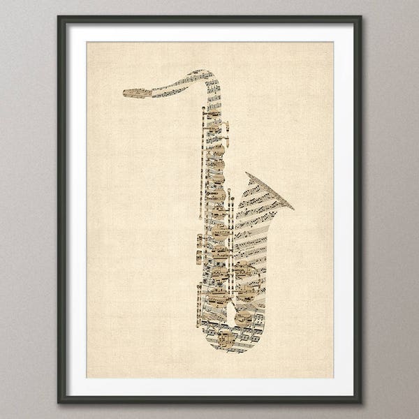 Saxophone Old Sheet Music Collage, Sax Musical Instrument Poster, Art Print (2801)