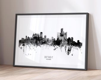 Detroit Skyline MI, Cityscape Painting Art Print Poster YZ (11508)