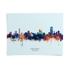 the Pretoria skyline, a city in South Africa, with a colorful and artistic representation of the city's buildings and landmarks.