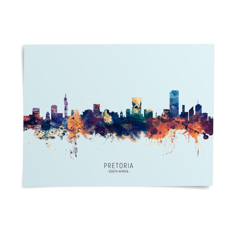 the Pretoria skyline, a city in South Africa, with a colorful and artistic representation of the city's buildings and landmarks.