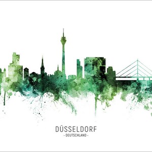 Düsseldorf Skyline Deutschland, Cityscape Art Poster Print Blue Red Green 20692 GREEN with city name