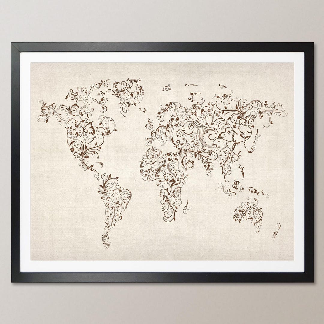 Map of the World Map Floral Swirls, Victorian Flourish, Art Print WM ...